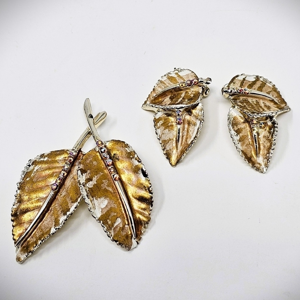 Vtg BSK Elegant Gold and Silver AB Rhinestone Leaf Jewelry Set